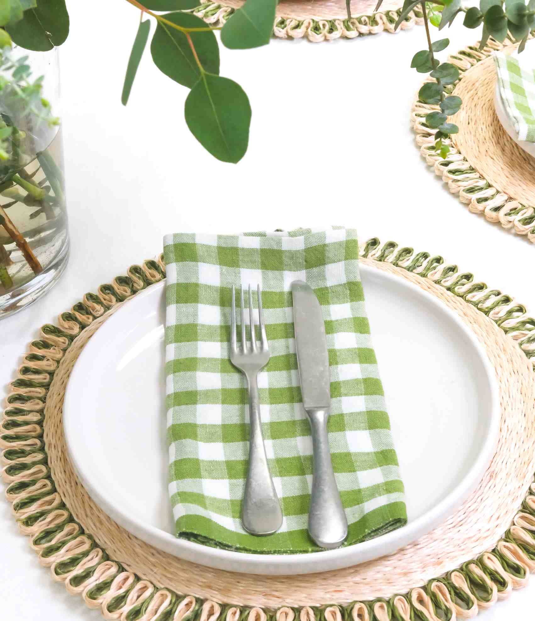 Gingham Belgian Linen Napkin- Basil - Set of 4