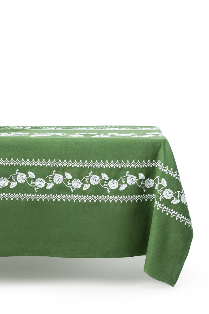 rectangular green embroidered tablecloth with white flowers side view