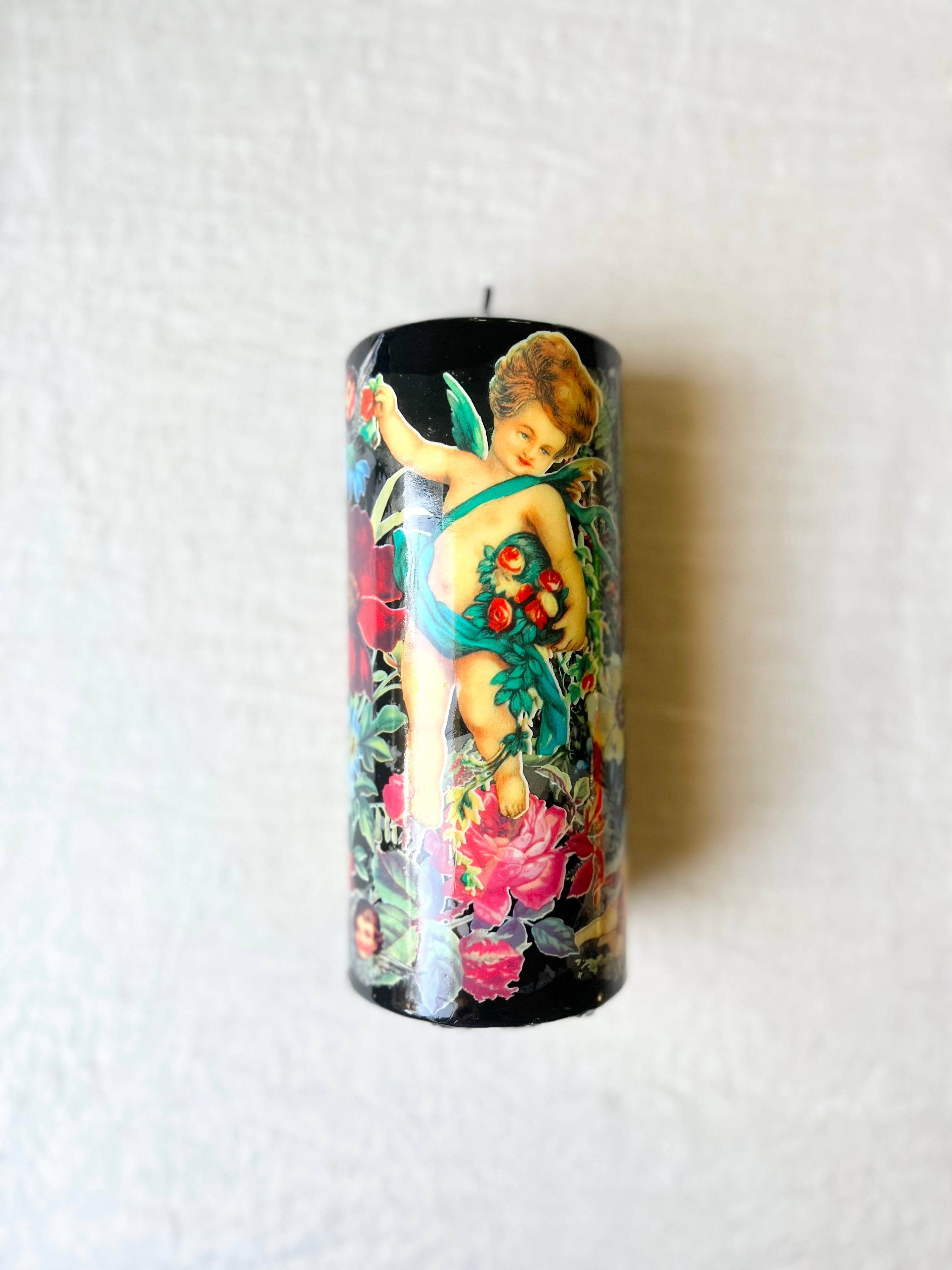 Cereria Introna decoupage pillar candle cupid detail