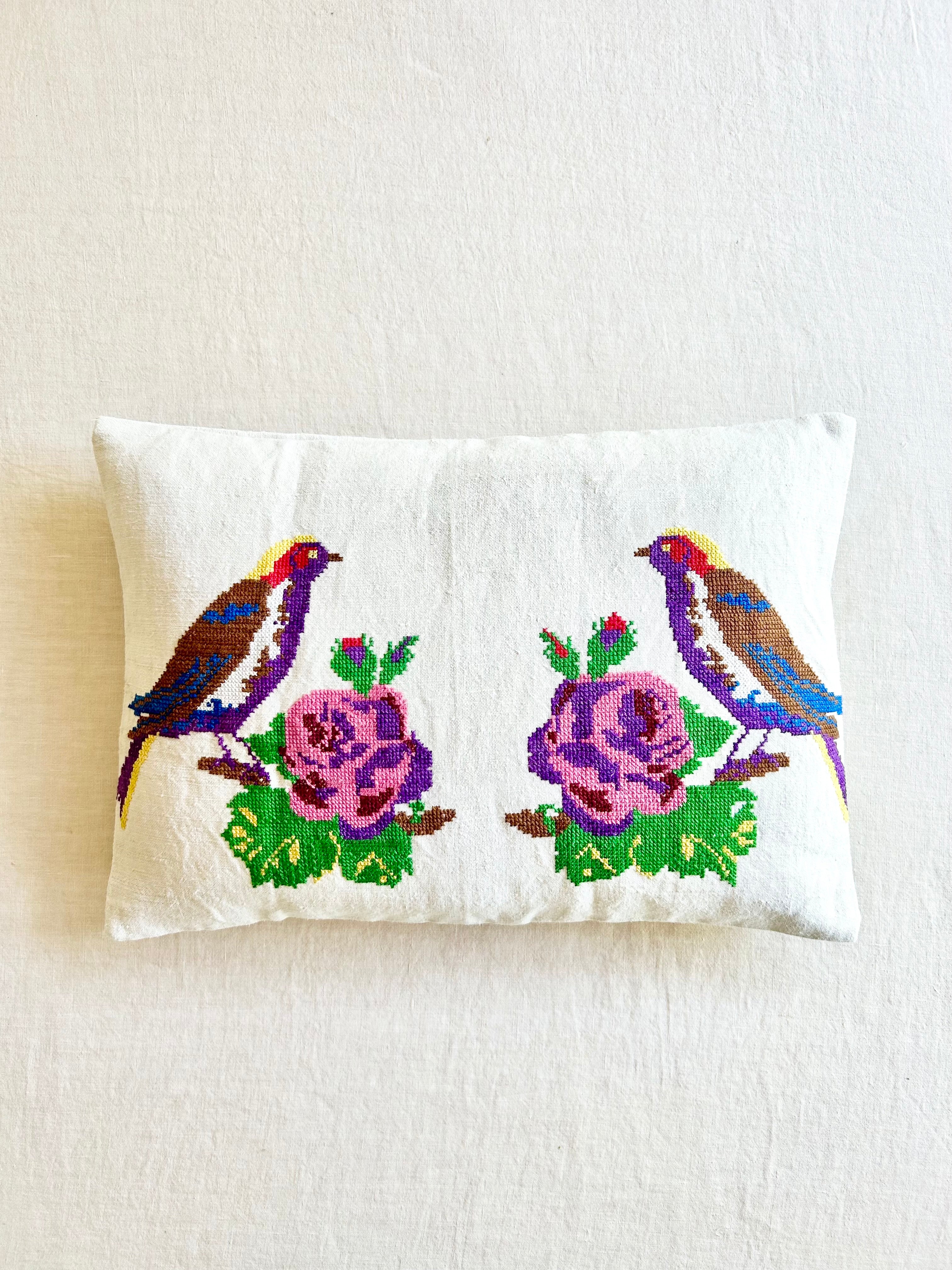 Historic Romanian Bird Embroidered Pillow