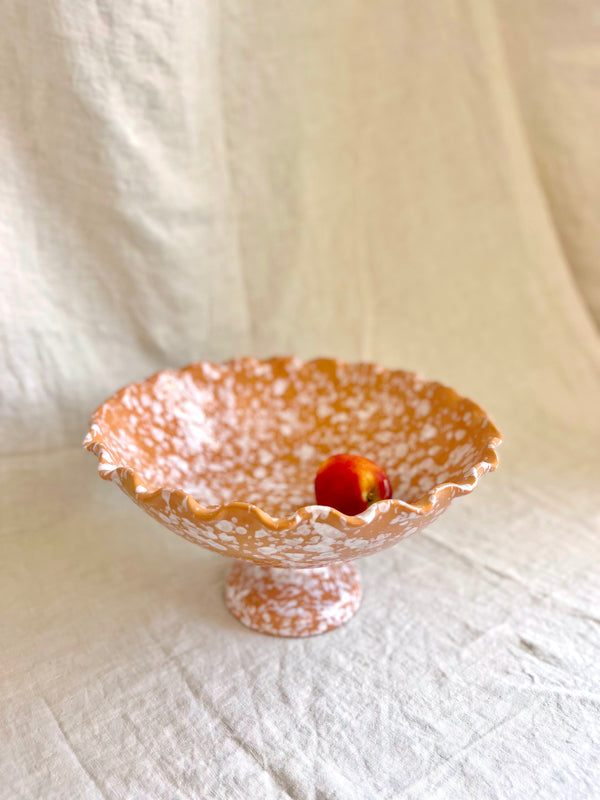 brown spatterware compote bowl with apple