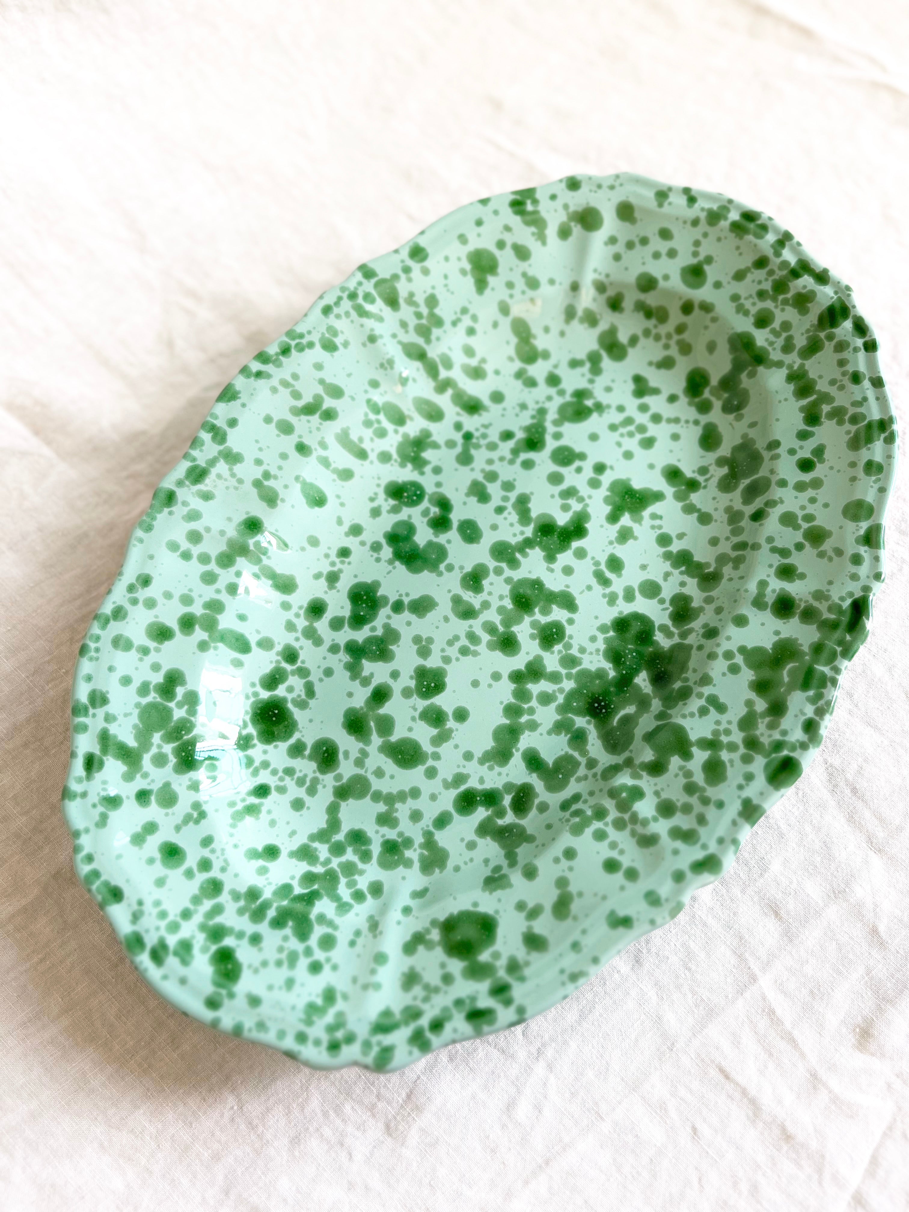 green oval spatterware platter 14" detail