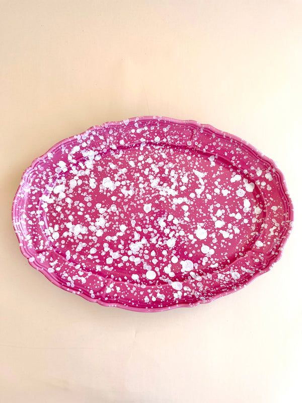 pink and white oval spatterware platter 20"