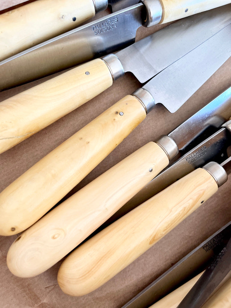 pointed knife with boxwood handle by pallares solsona carbon steel 12cm group in drawer