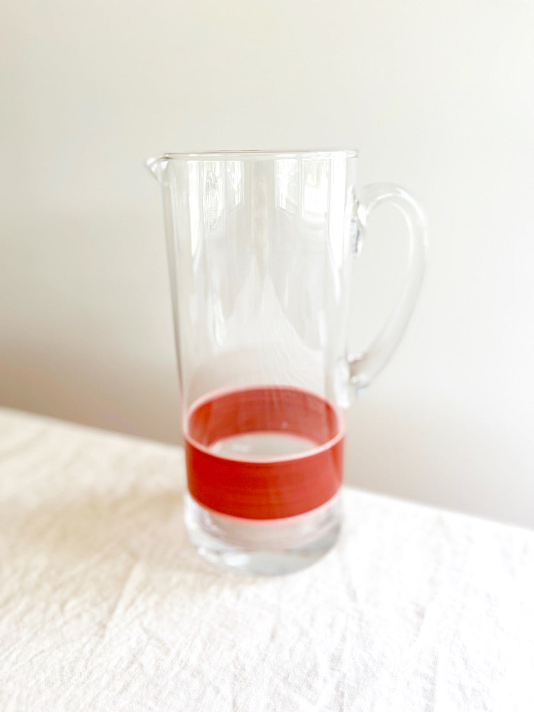 glass pitcher with hand painted red and pink stripes detail view