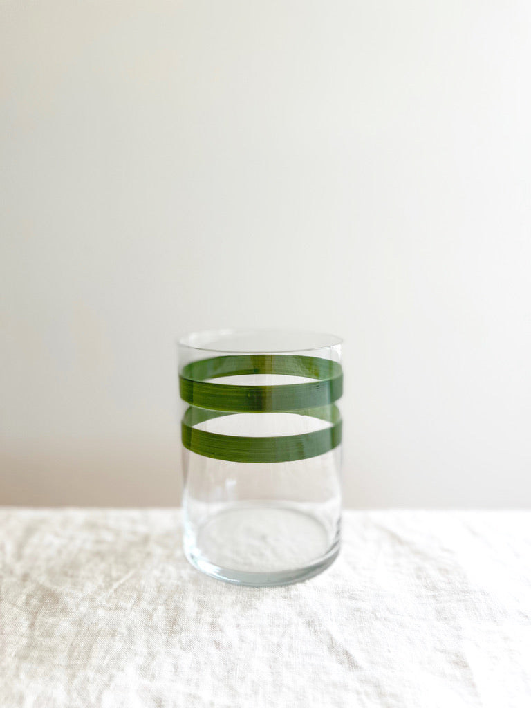 hand painted water glass with two green stripes