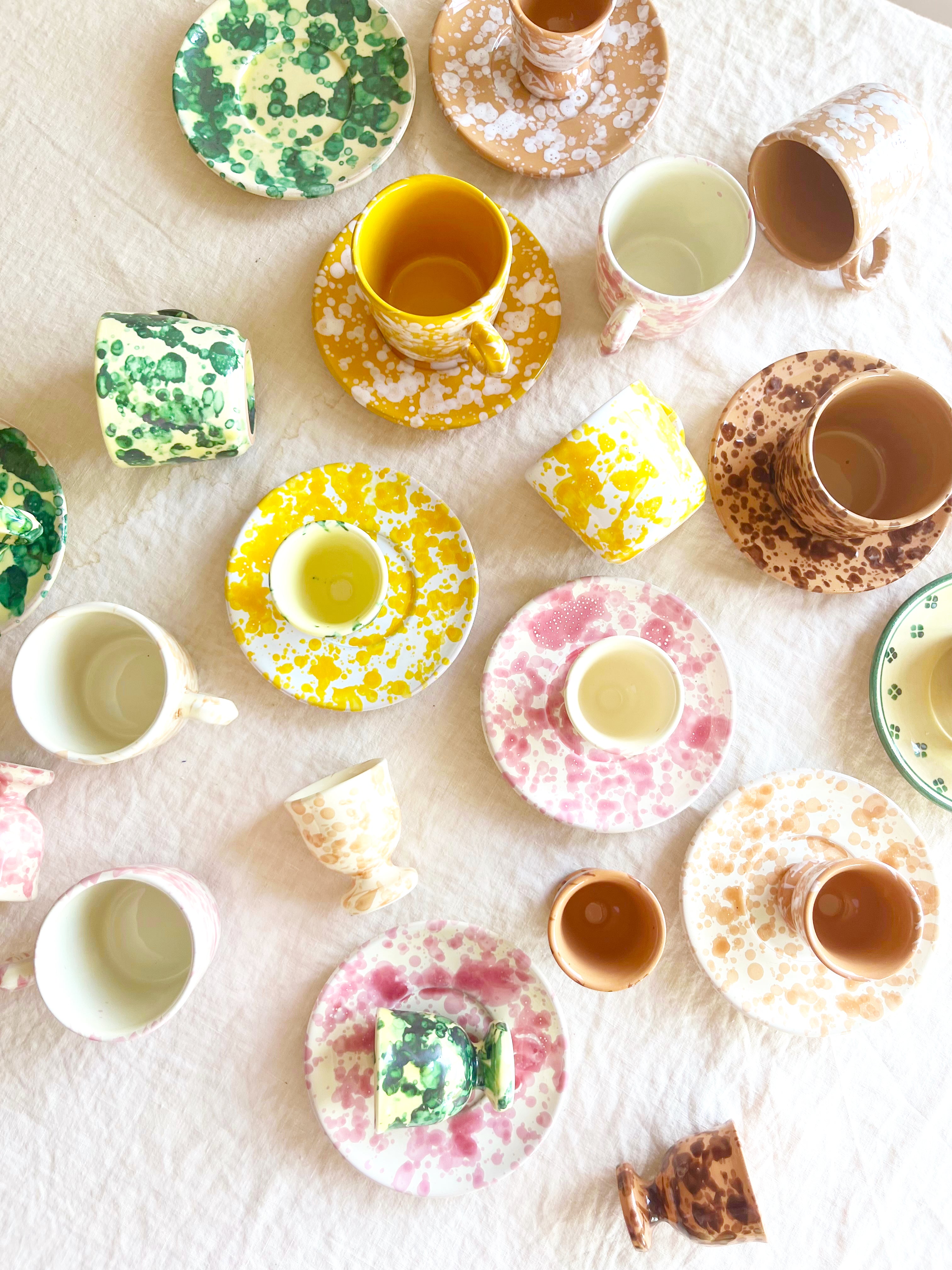 fasano espresso cups with splatter pattern in sienna with egg cups