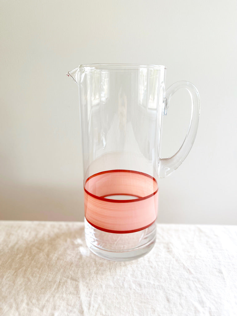 glass pitcher with hand painted pink and red stripes 10 inches tall