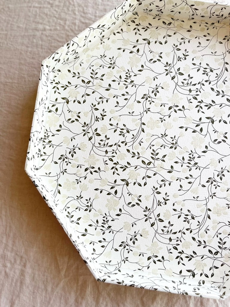 cream octagonal paper tray with gray and white vine print 14 inches detail view