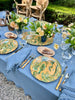 Blue Milano Macrame Tablecloth 74 inch shown with table settings