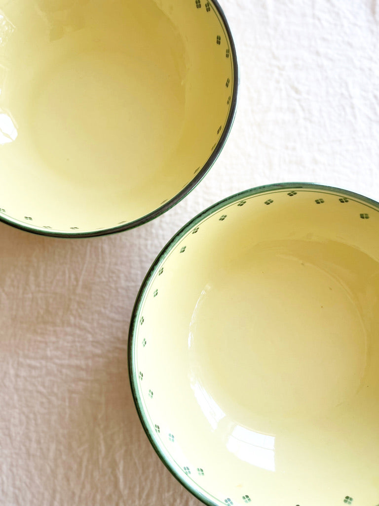 hand painted serving bowl with green rim and dots around edge group of two