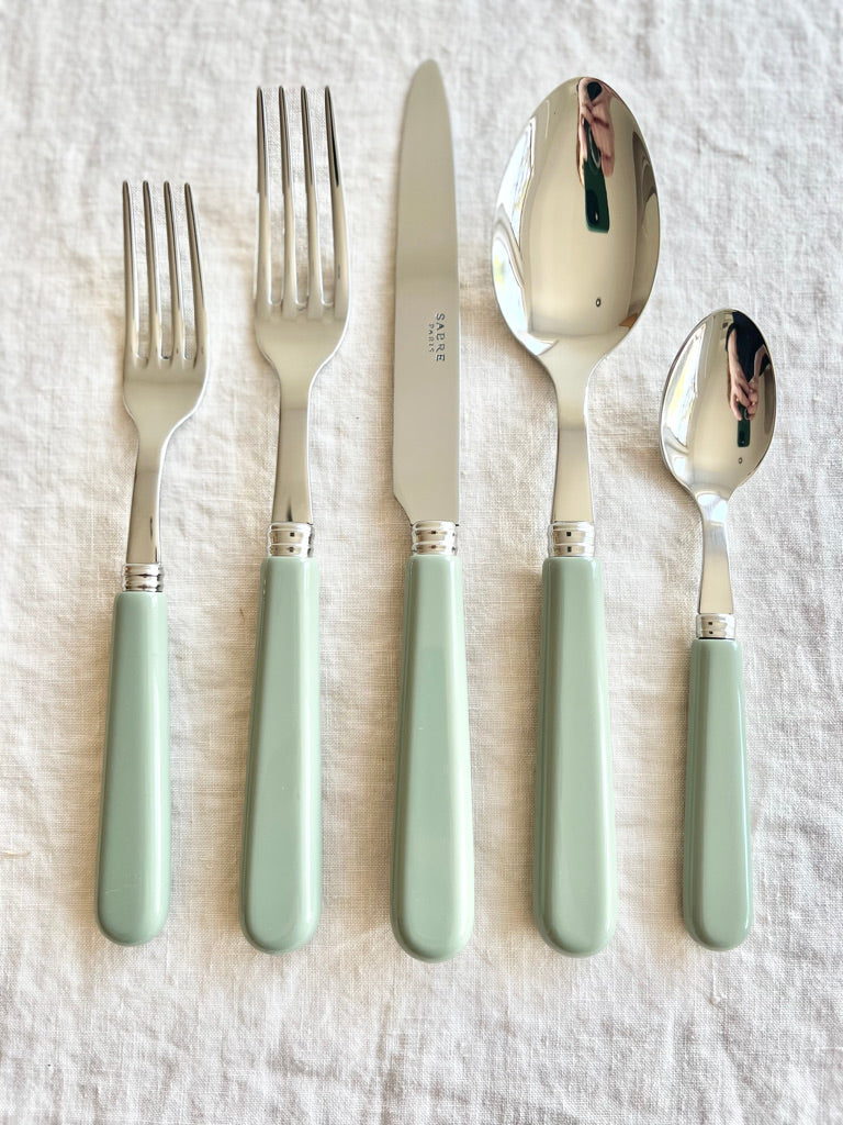 sabre stainless steel flatware set with sage green resin handle