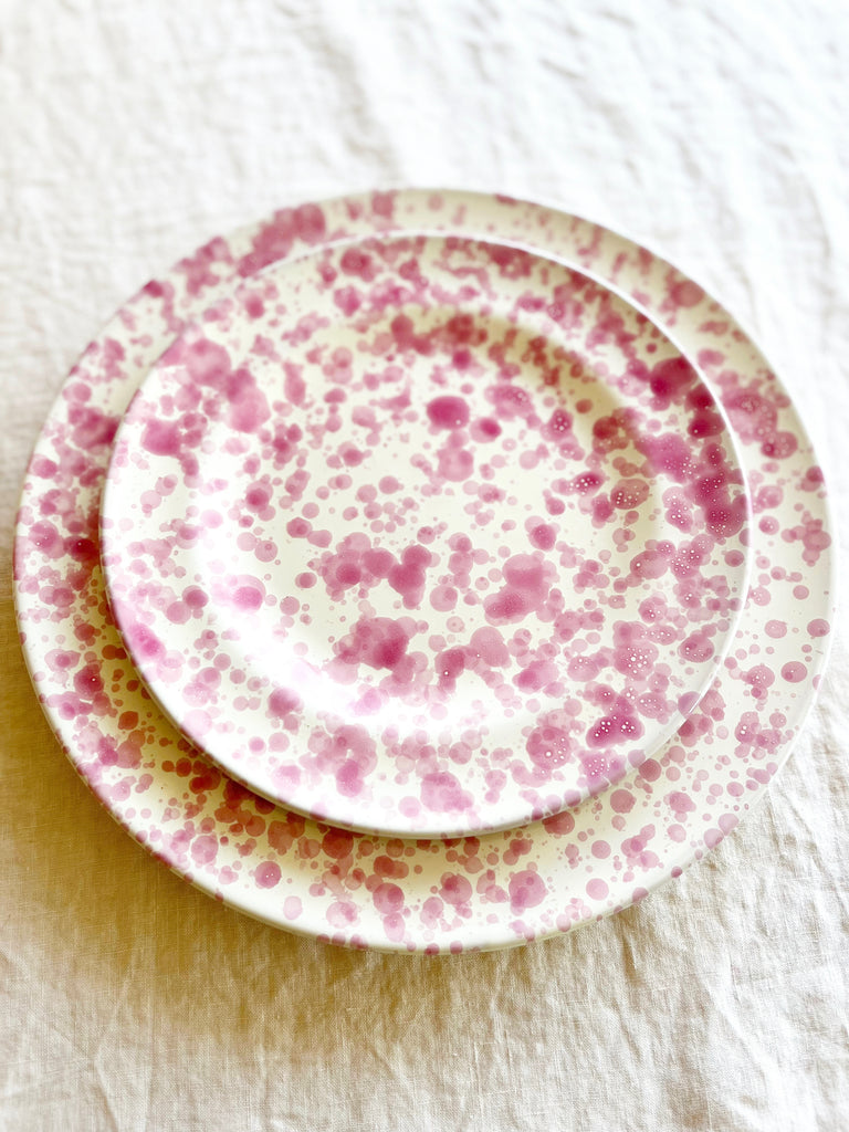 cream fasano dinner plate with pink speckle pattern with salad plate