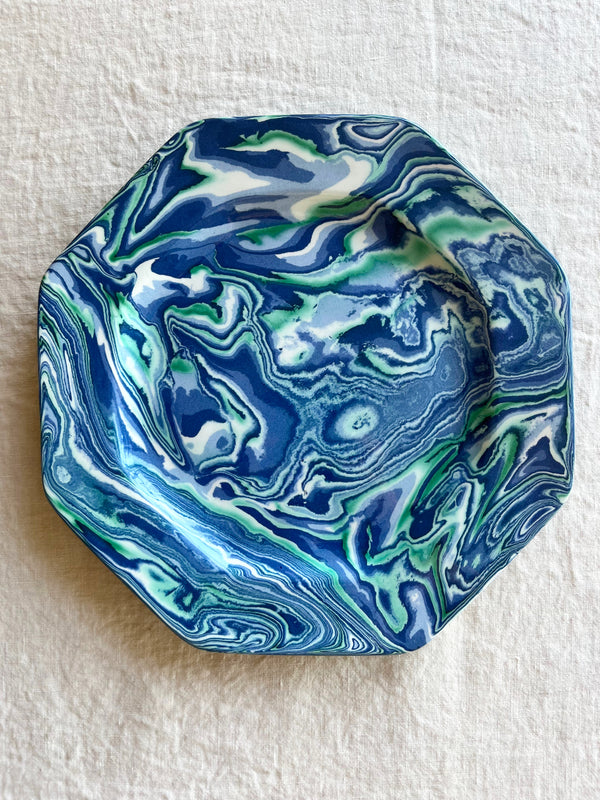 octagonal dinner plate with blue green and white swirl pattern 9.75 inches in diameter