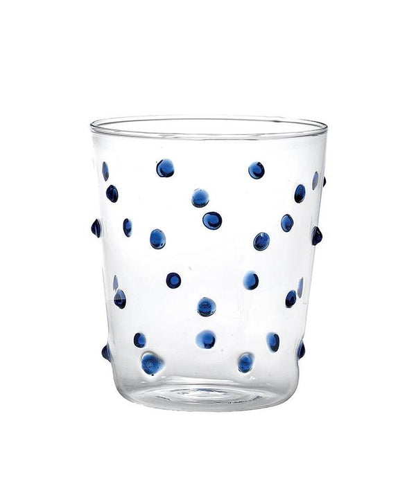 clear glass tumblers with blue glass dots detail view