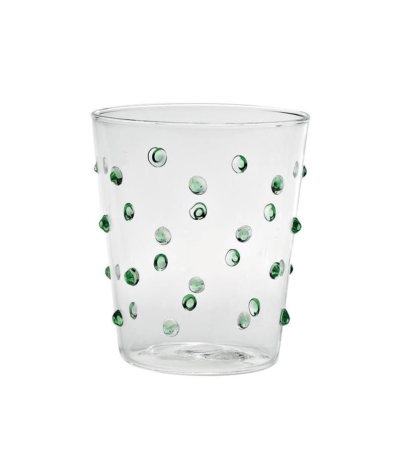 clear glass tumblers with green glass dots detail view