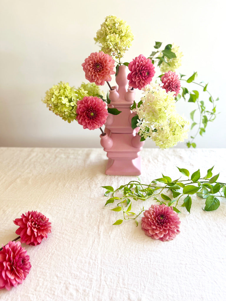 pink ceramic tulipiere tower 15.75 inches tall with hydrangeas