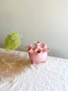 pink ceramic footed tulipiere 6 inches tall on white table