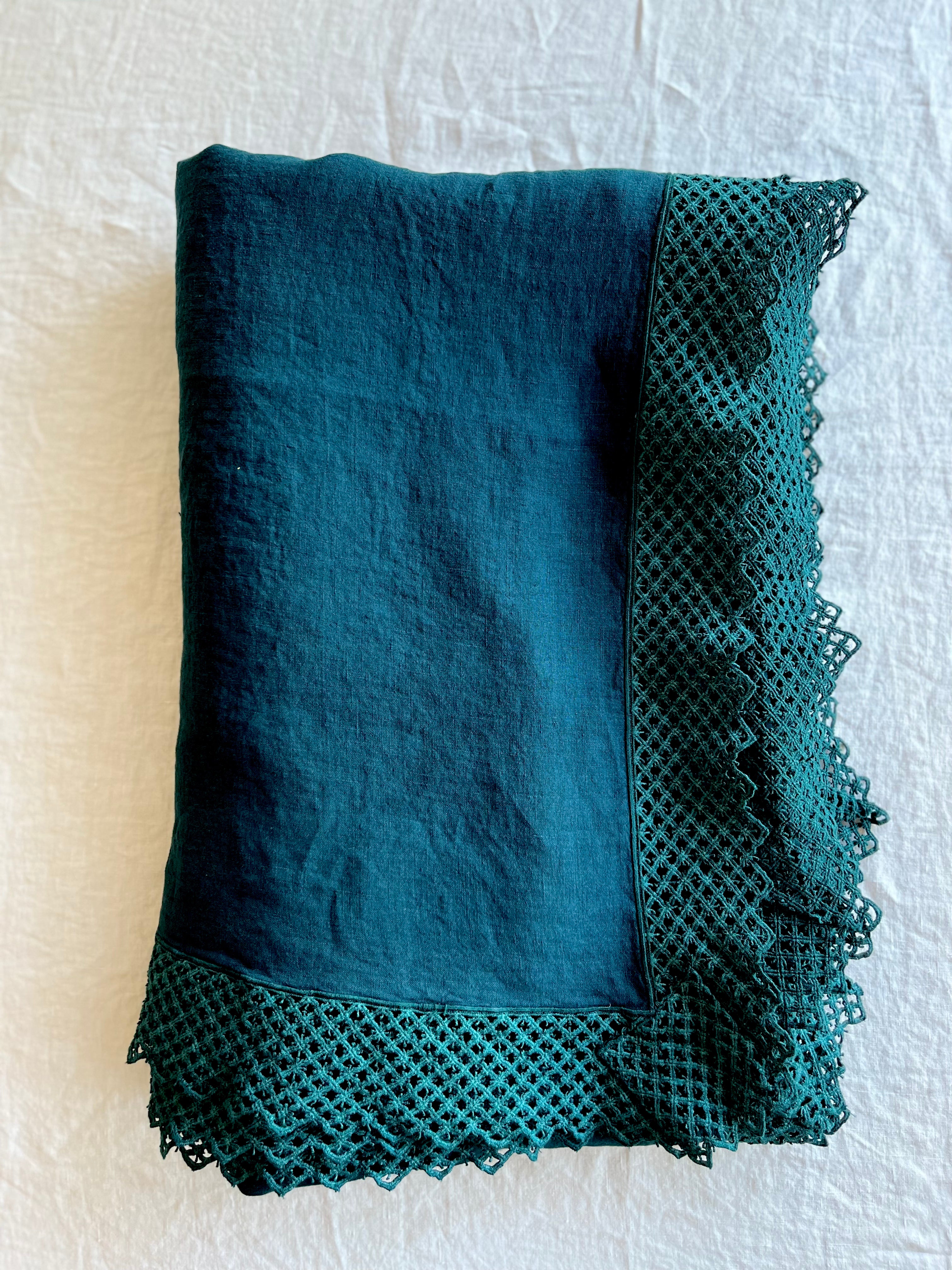 teal linen tablecloth with macrame trim