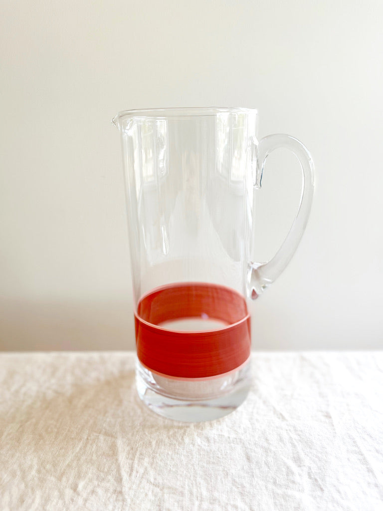 glass pitcher with hand painted red and pink stripes