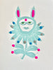 block print hand made card aqua and white bunny bloom 7.25" by 10"