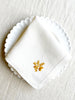 white hand embroidered linen napkins with gold corn stalk in corner 16 inches square