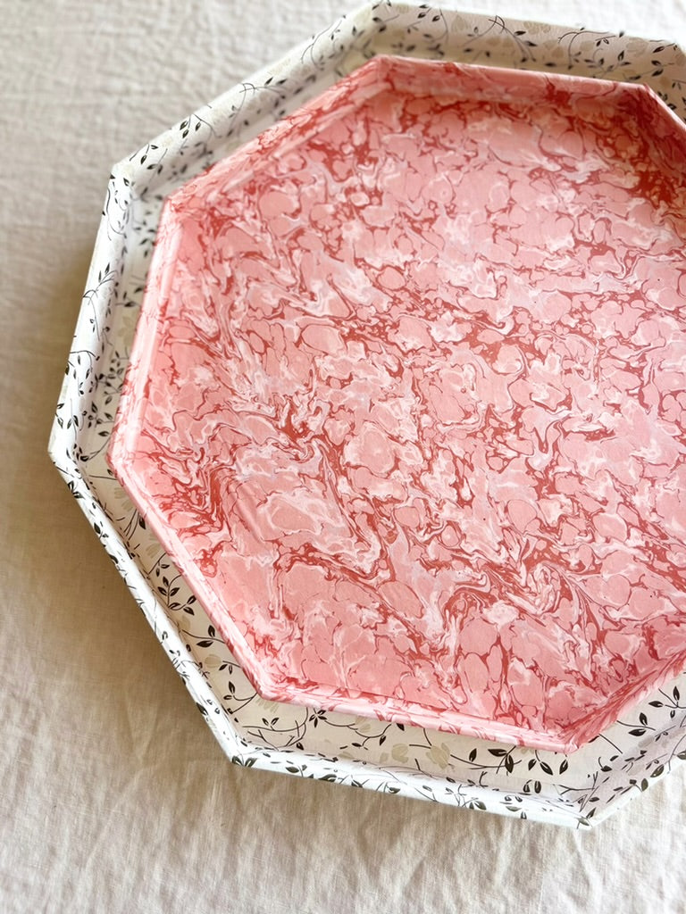 cream octagonal paper tray with gray and white vine print 14 inches nested with smaller tray