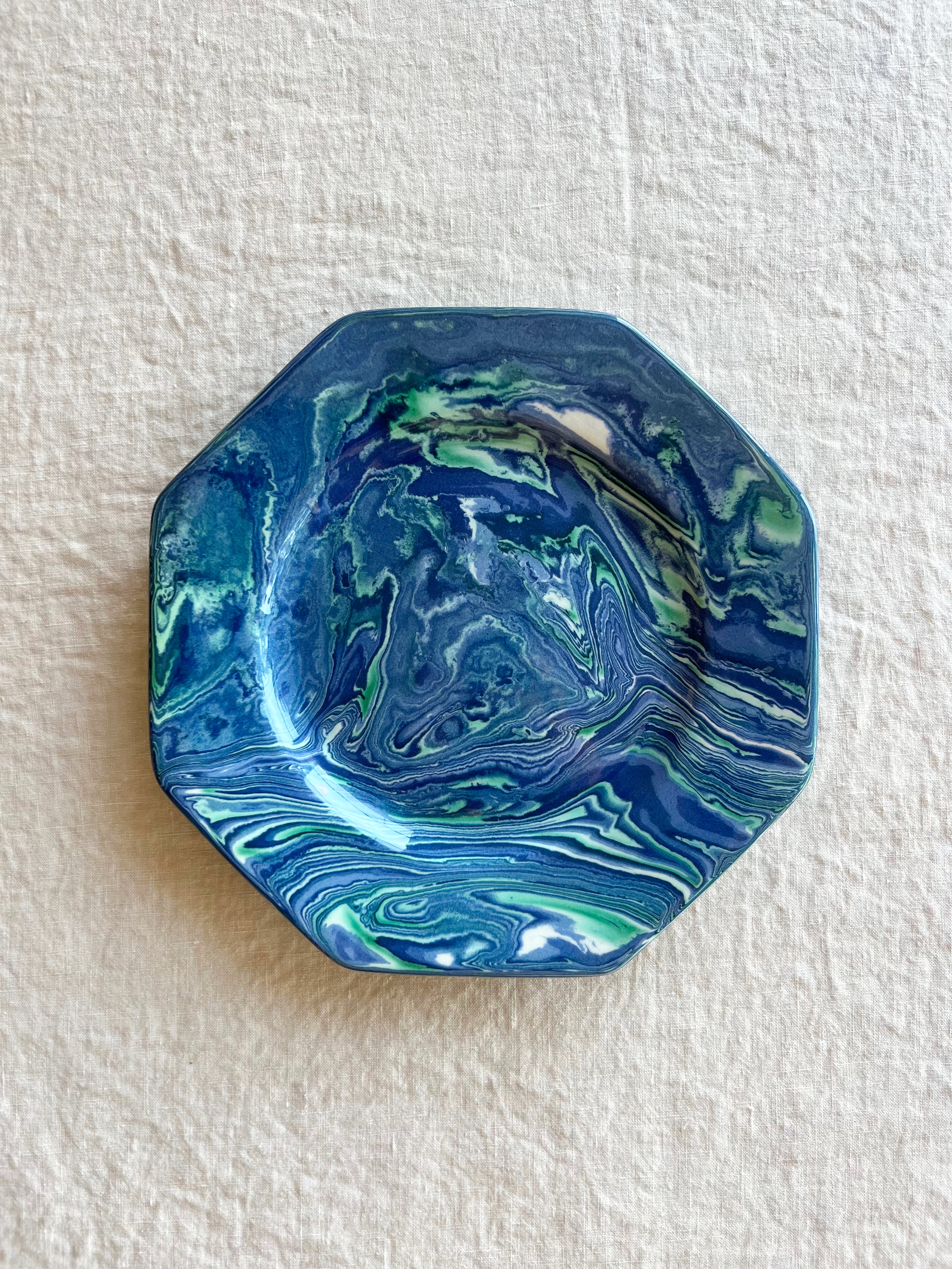 octagonal salad plate with blue green and white swirl pattern 9.75 inches in diameter