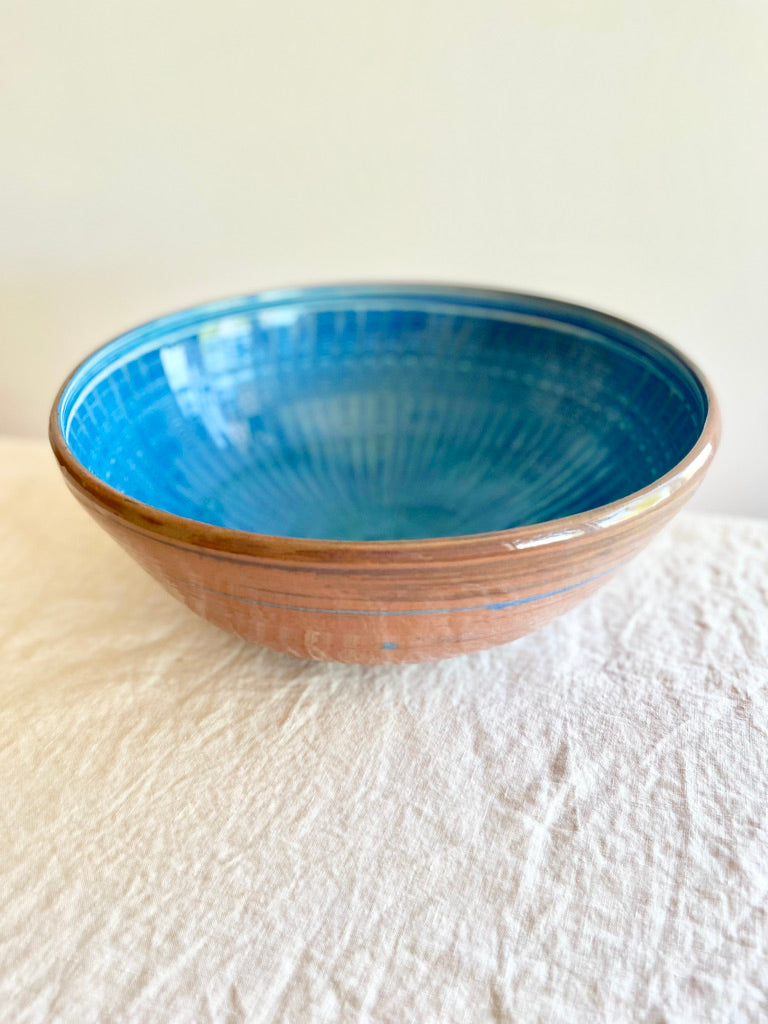 blue pasta bowl with peacock pattern side view eleven inch aegean
