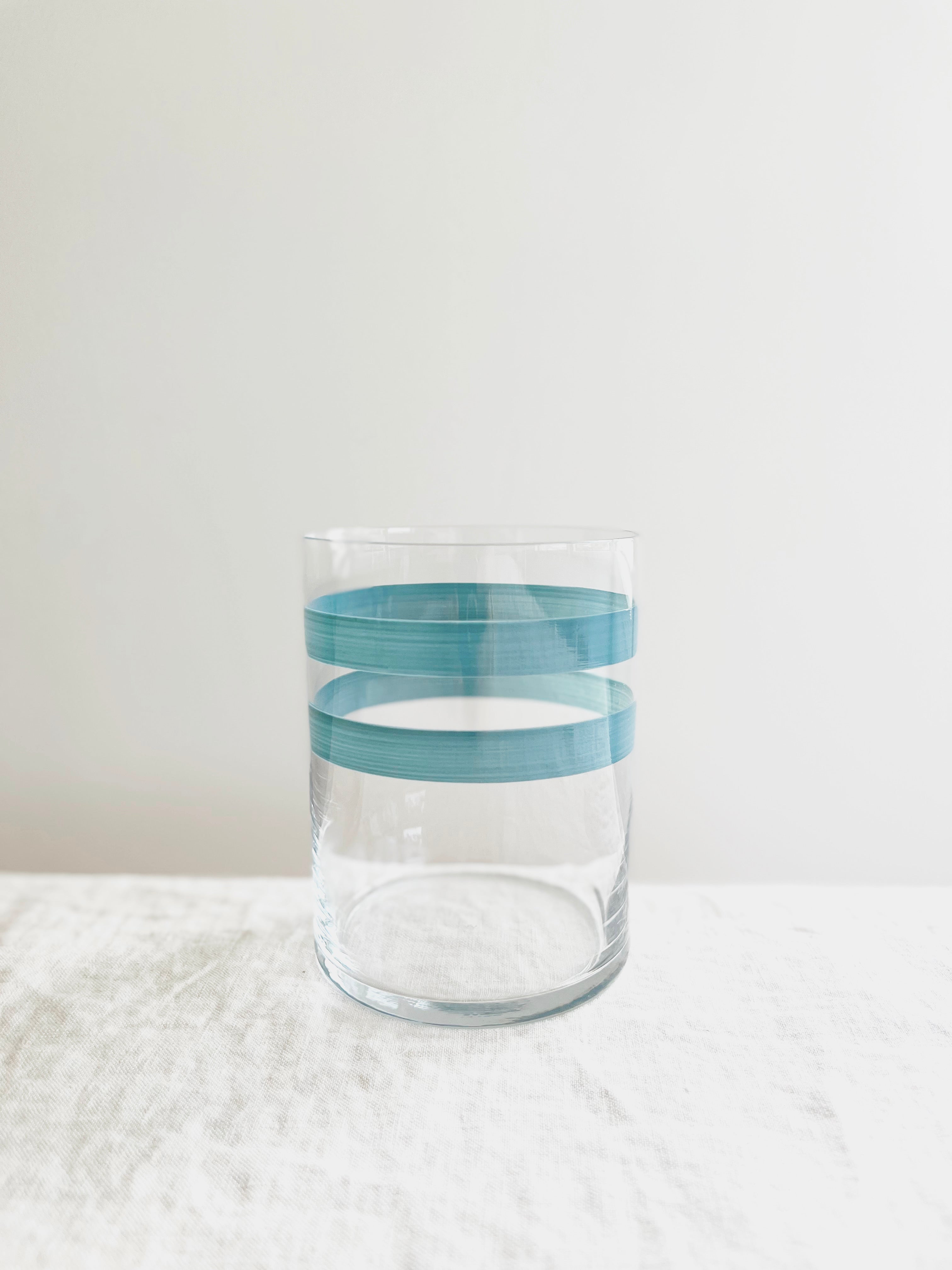 water glass with teal stripes 4 inch