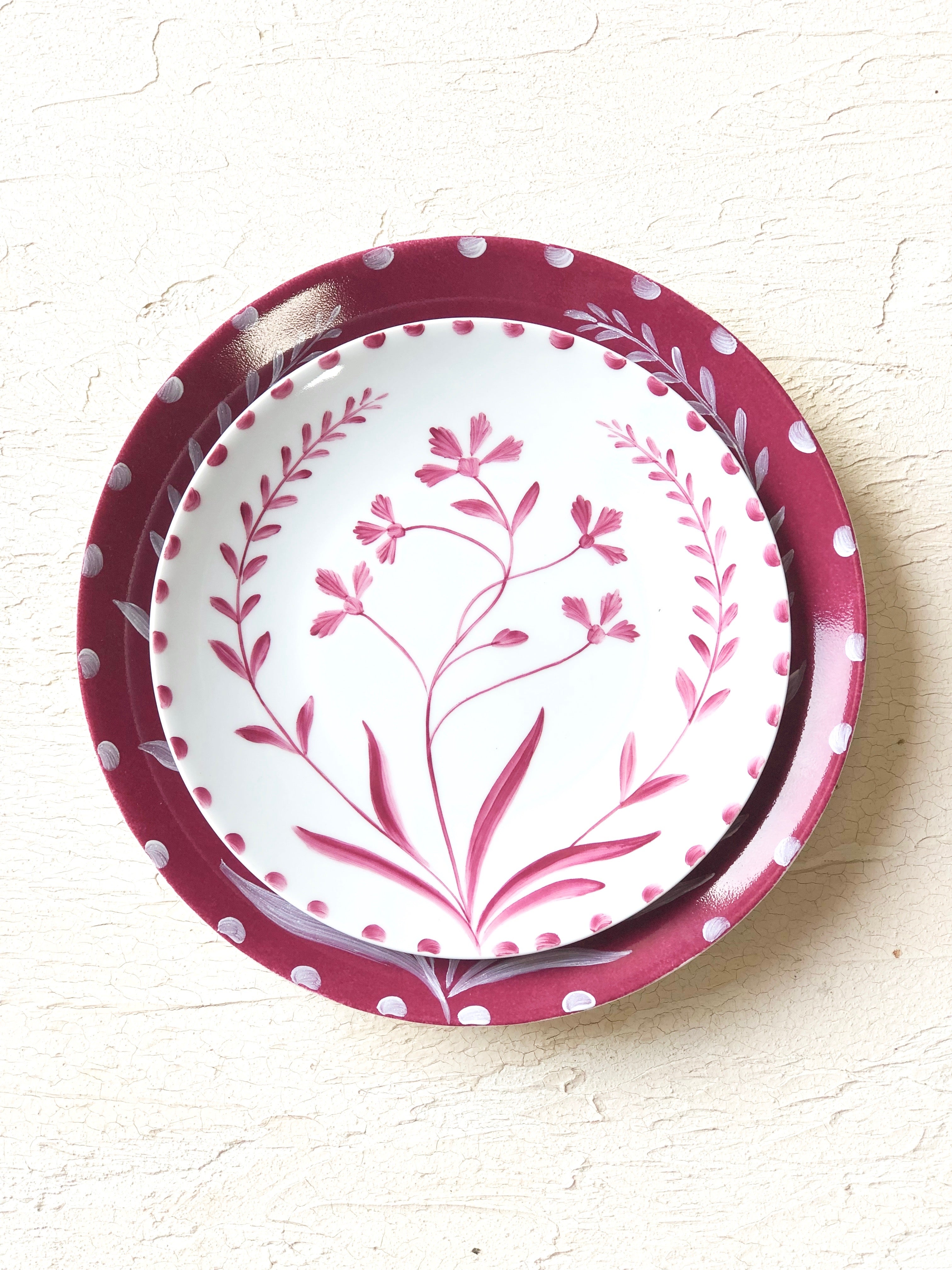 white dinner plate with ruby hand painted floral 10.5 inch stacked