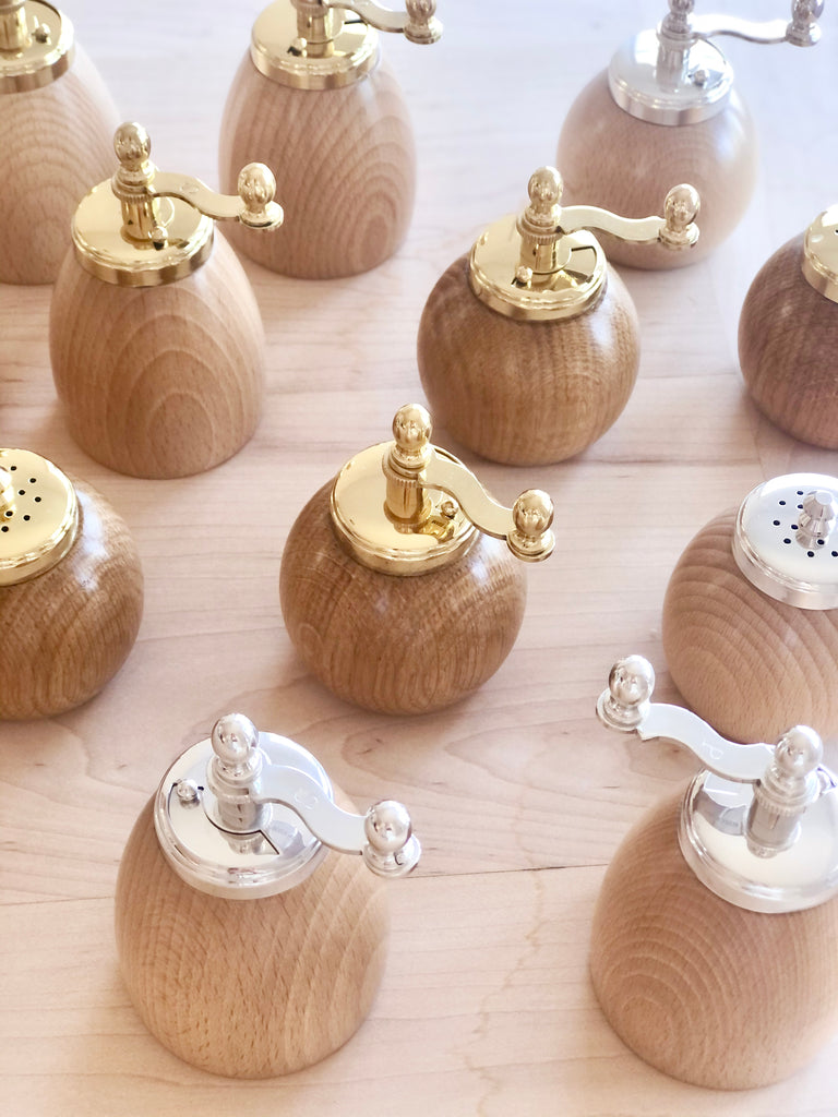 wood salt and pepper mills with brass and silver options