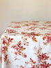 linen tablecloth with red climbing rose pattern