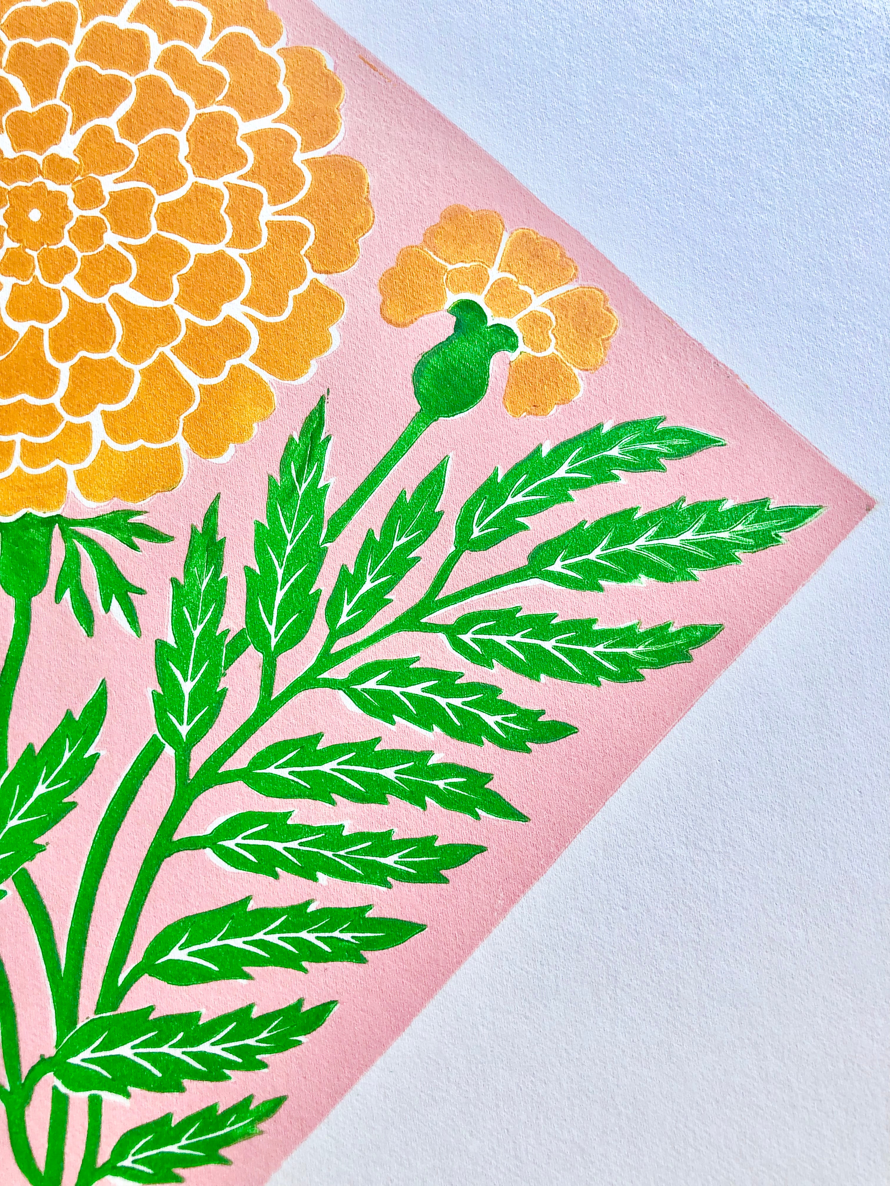 ellen merchant limited edition print with pink background and large yellow Marigold 13.7" x 19.6" detail view
