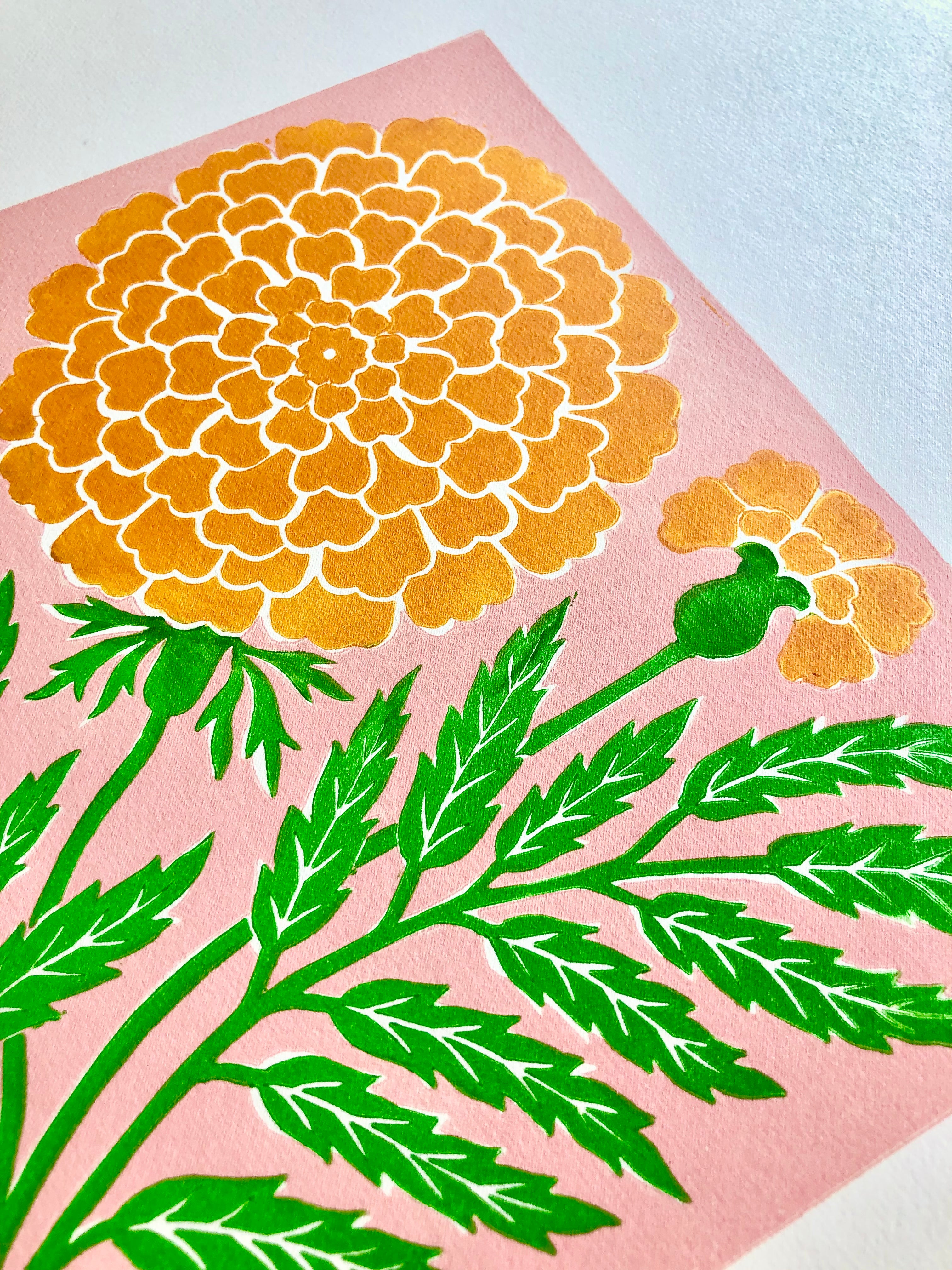 ellen merchant limited edition print with pink background and large yellow Marigold 13.7" x 19.6" angled view