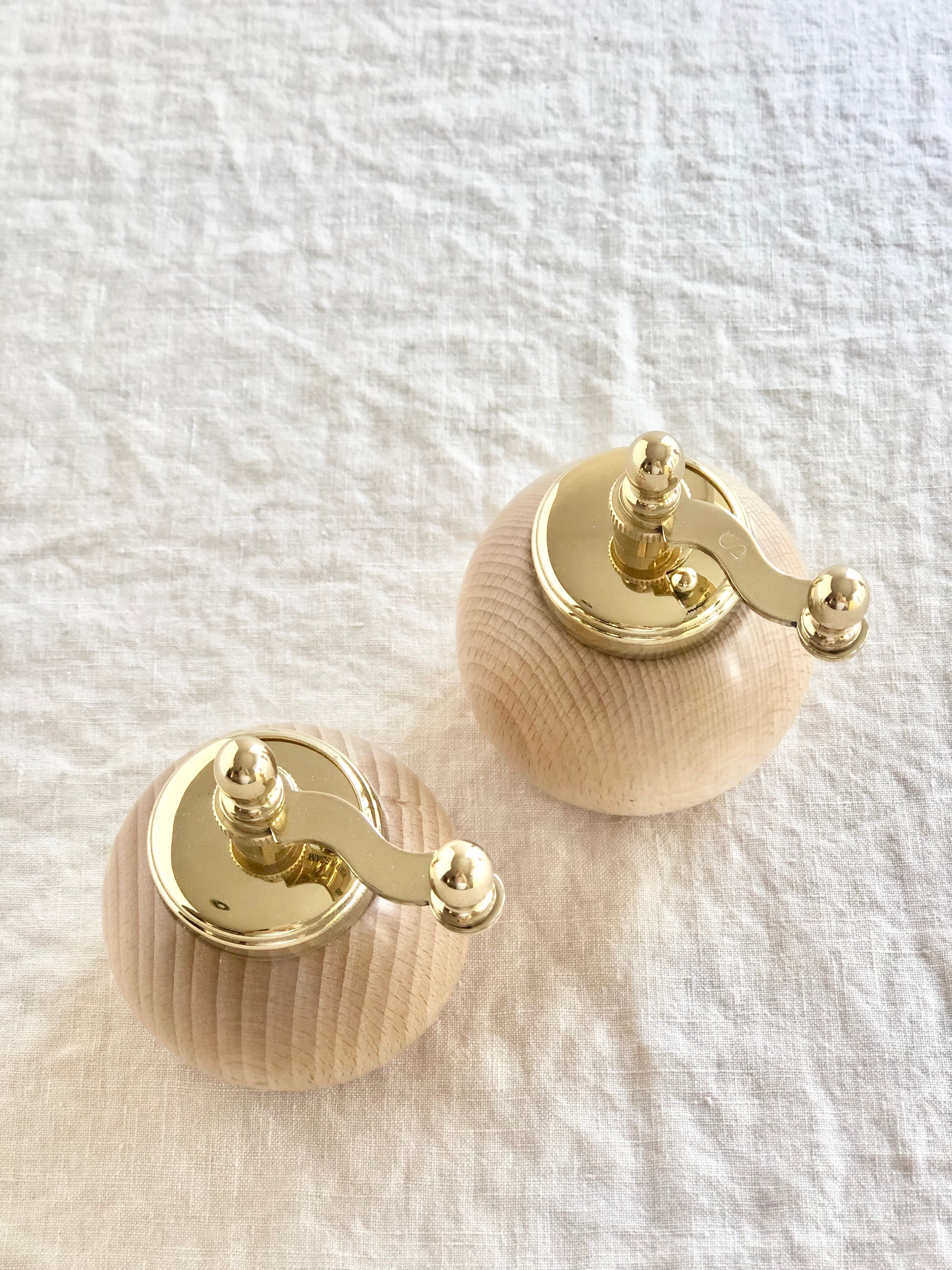 wood salt and pepper grinders brass tops
