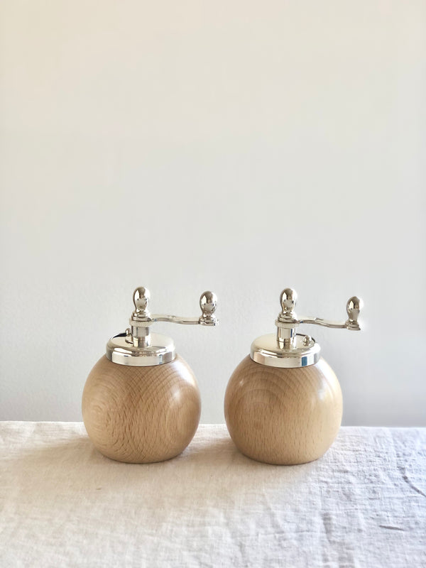 wood salt and pepper grinders with silver tops