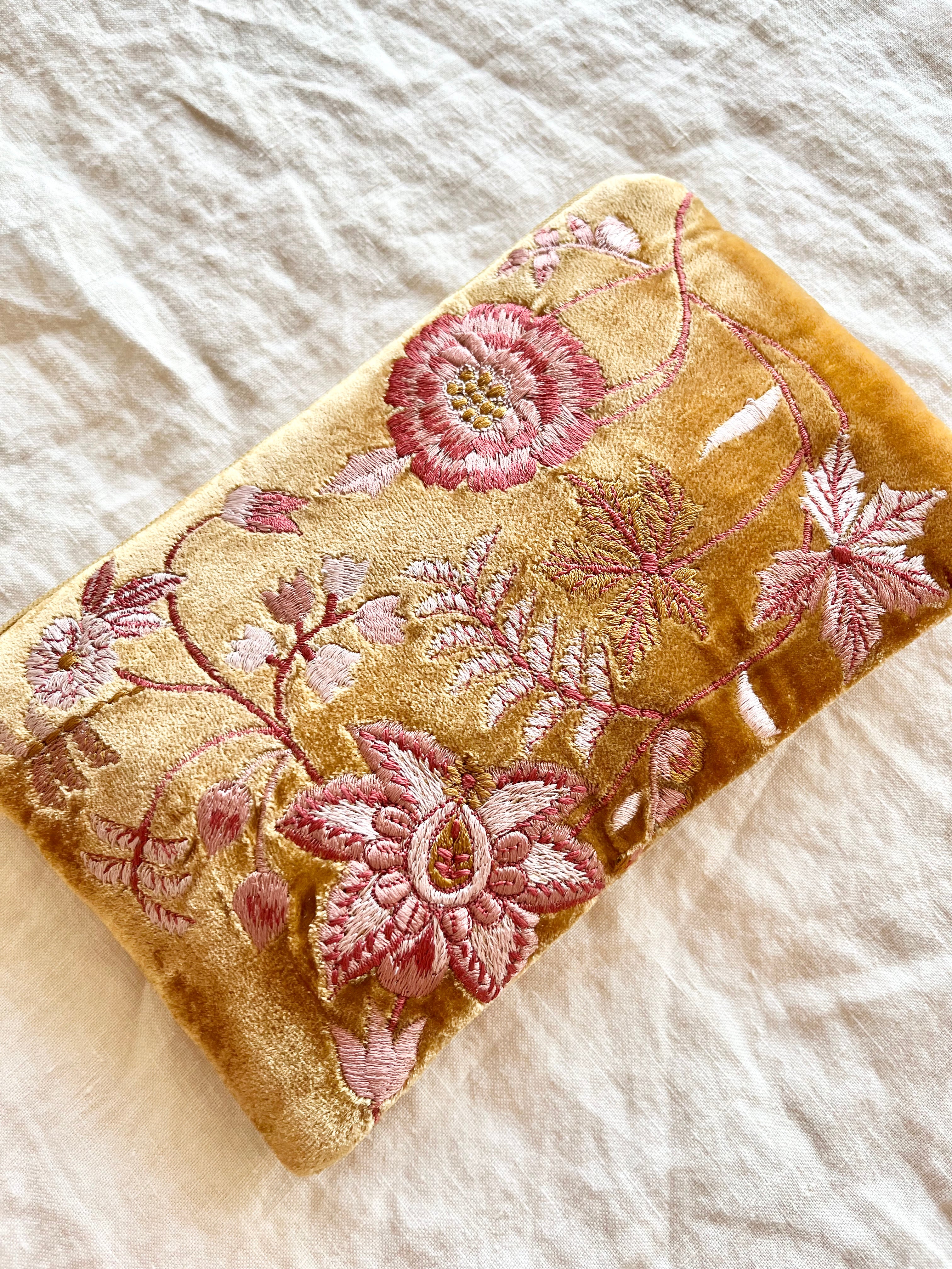 gold velvet embroidered pochette 8" by 4.5" detail view