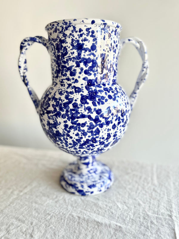 amphora vase in blue and white speckle  pattern 13 inches tall detail view