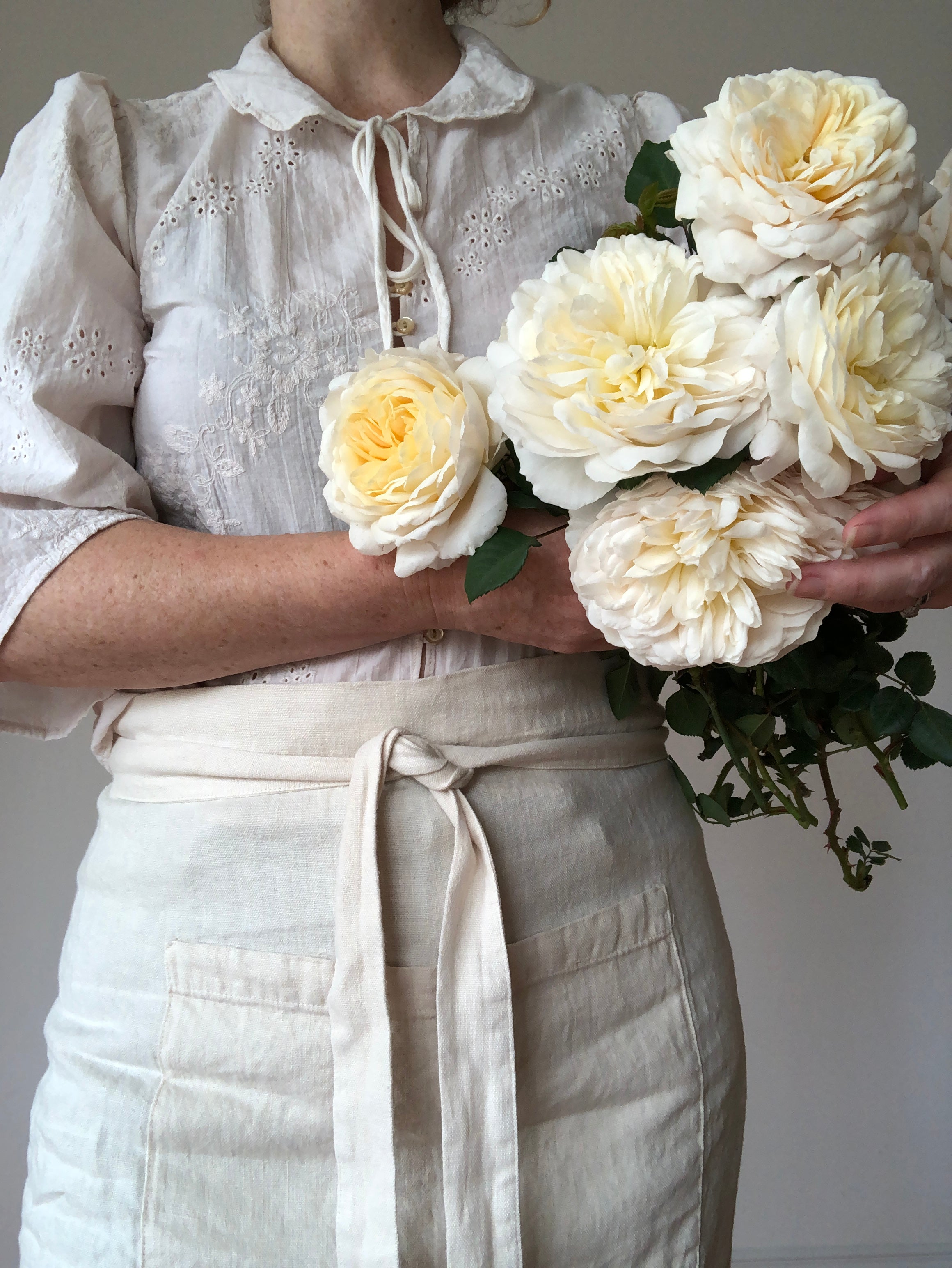 cream linen apron bistro style with flowers
