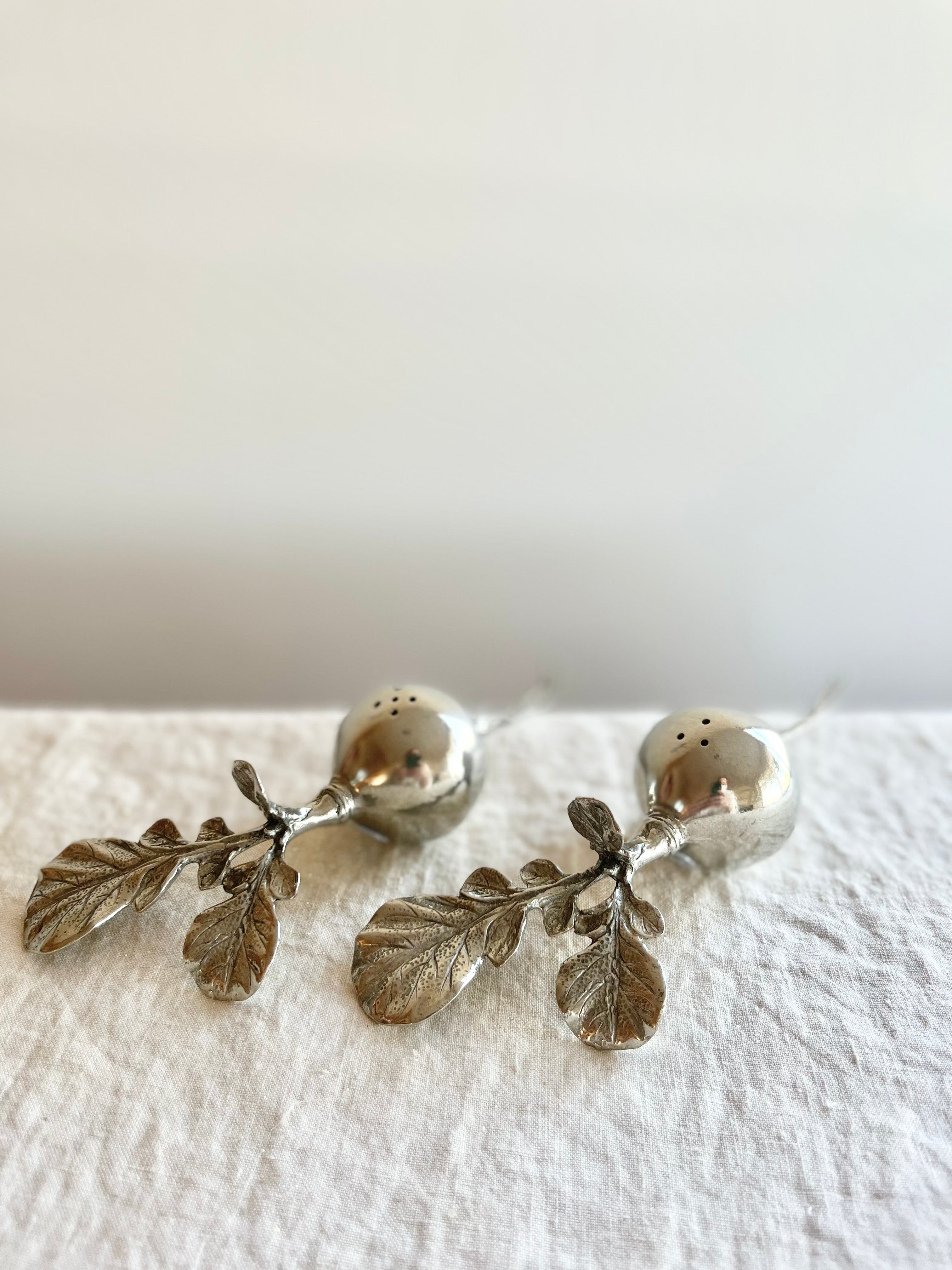 radish shaped pewter salt & pepper shakers leaf detail
