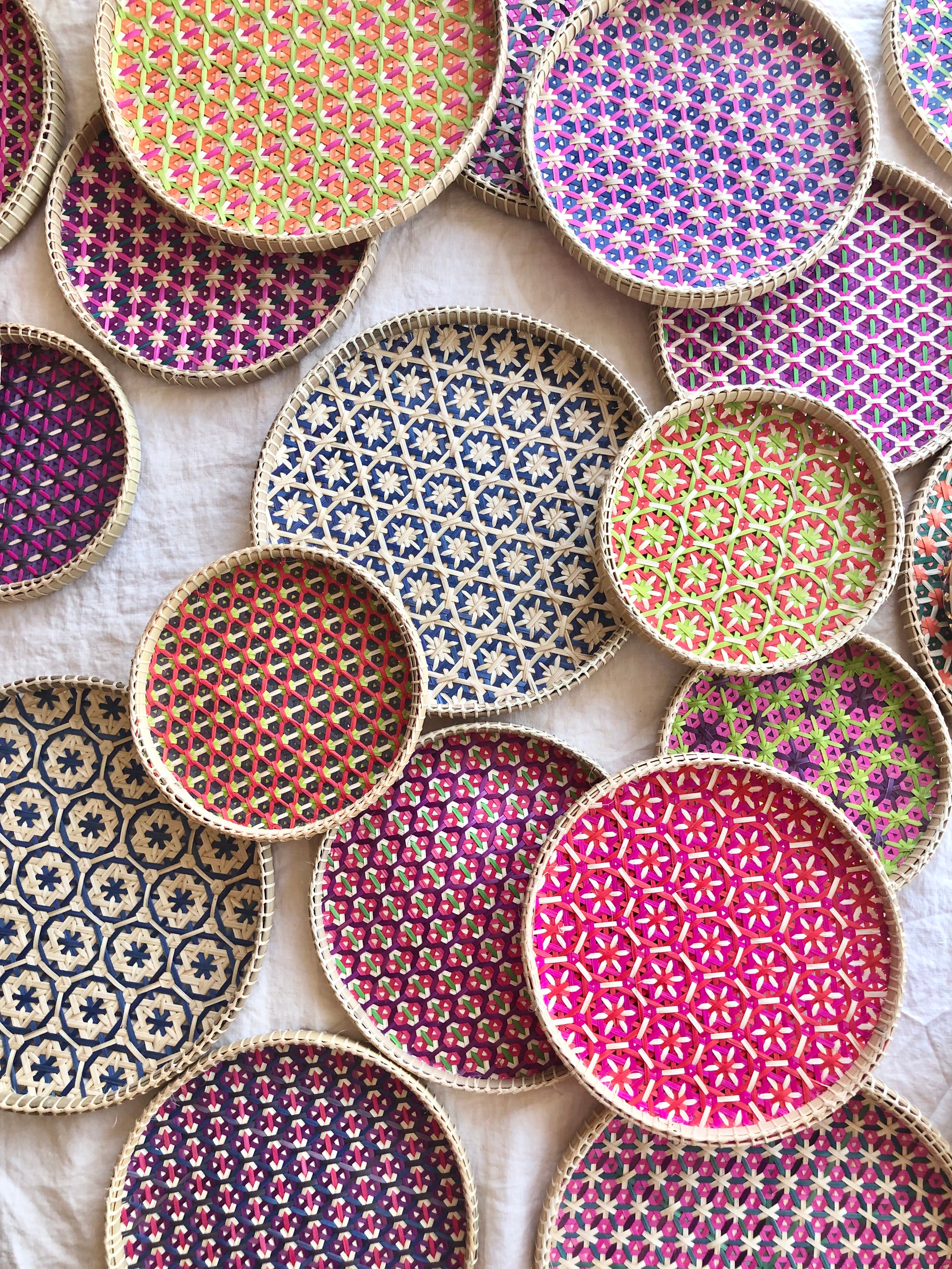 light tan woven tray with pink circle mosaic pattern 12 inches with other color options