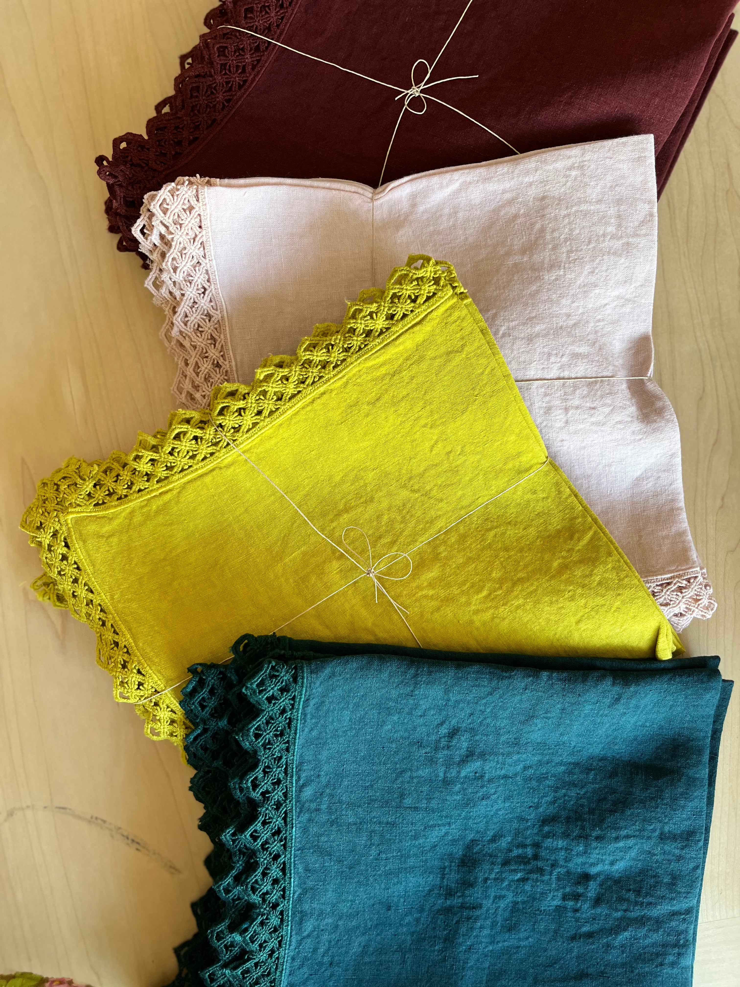 deep red linen napkins with macrame trim with other color options