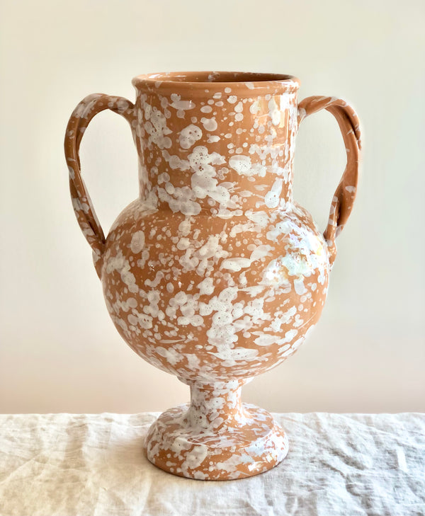 brown amphora vase with white speckle pattern 13 inches tall