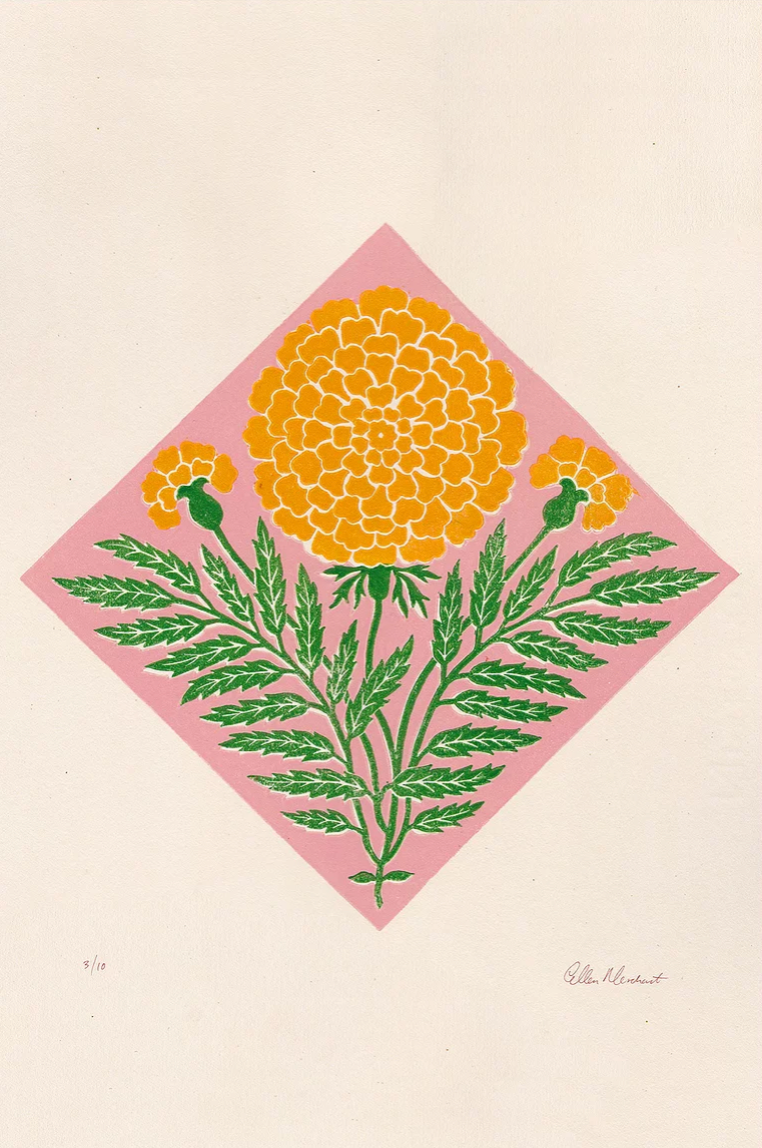 ellen merchant limited edition print with pink background and large yellow Marigold 13.7" x 19.6"