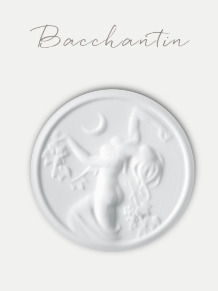 white salad plate with detail view of Bacchantin pattern greek medallion