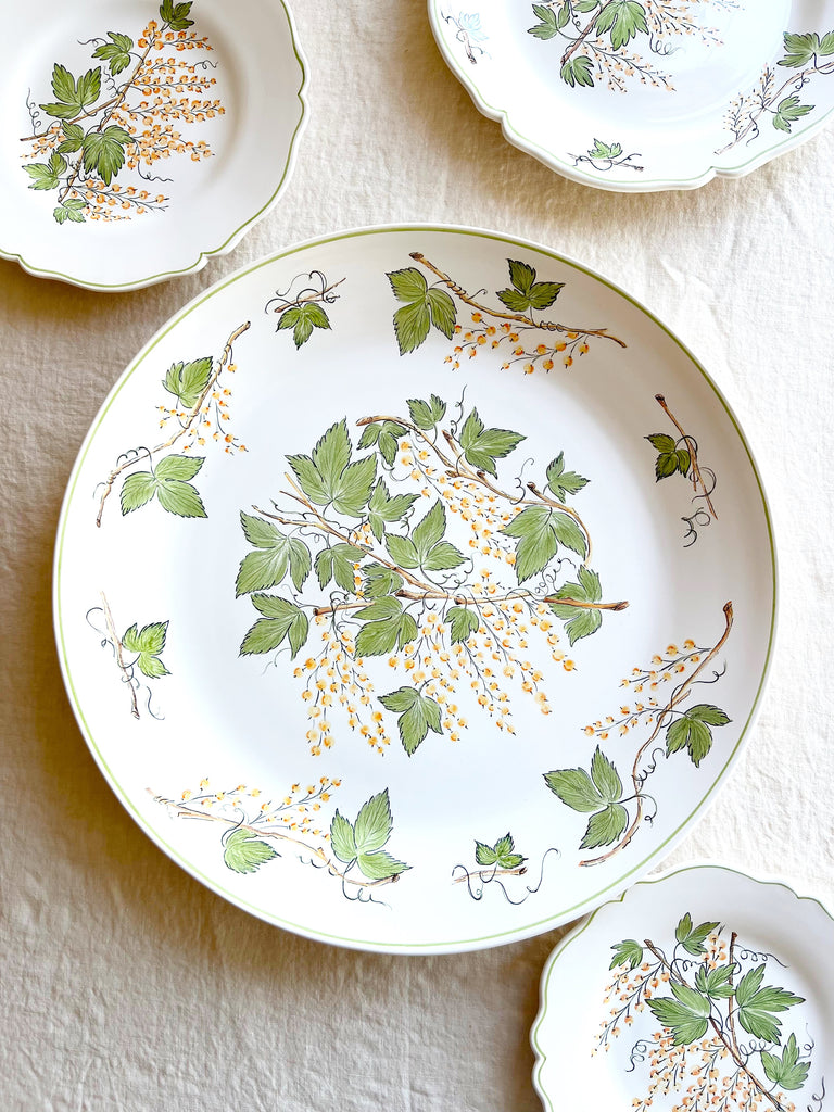 dinner plate with green leaves and currants group of four