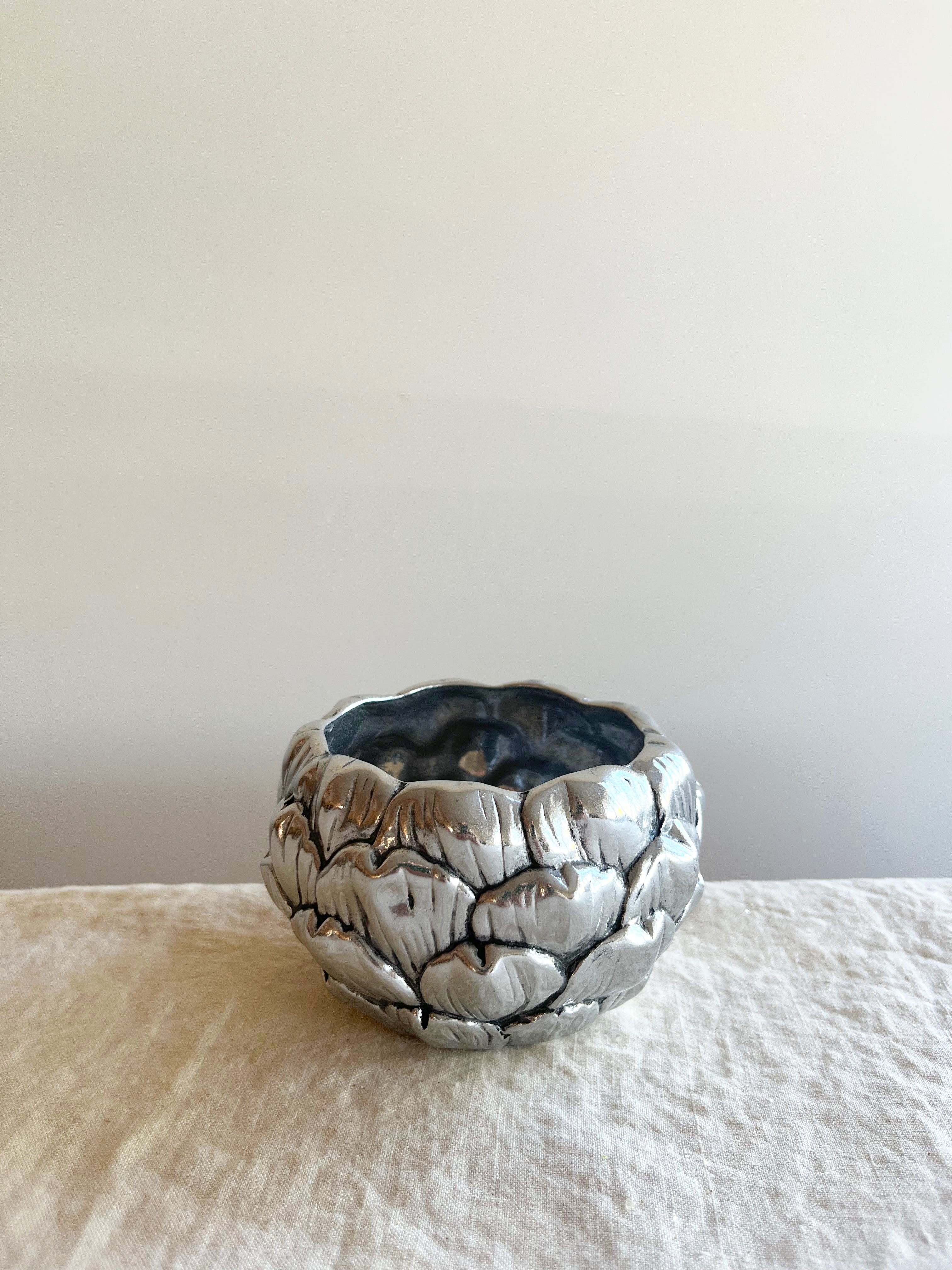 small pewter artichoke bowl close up view