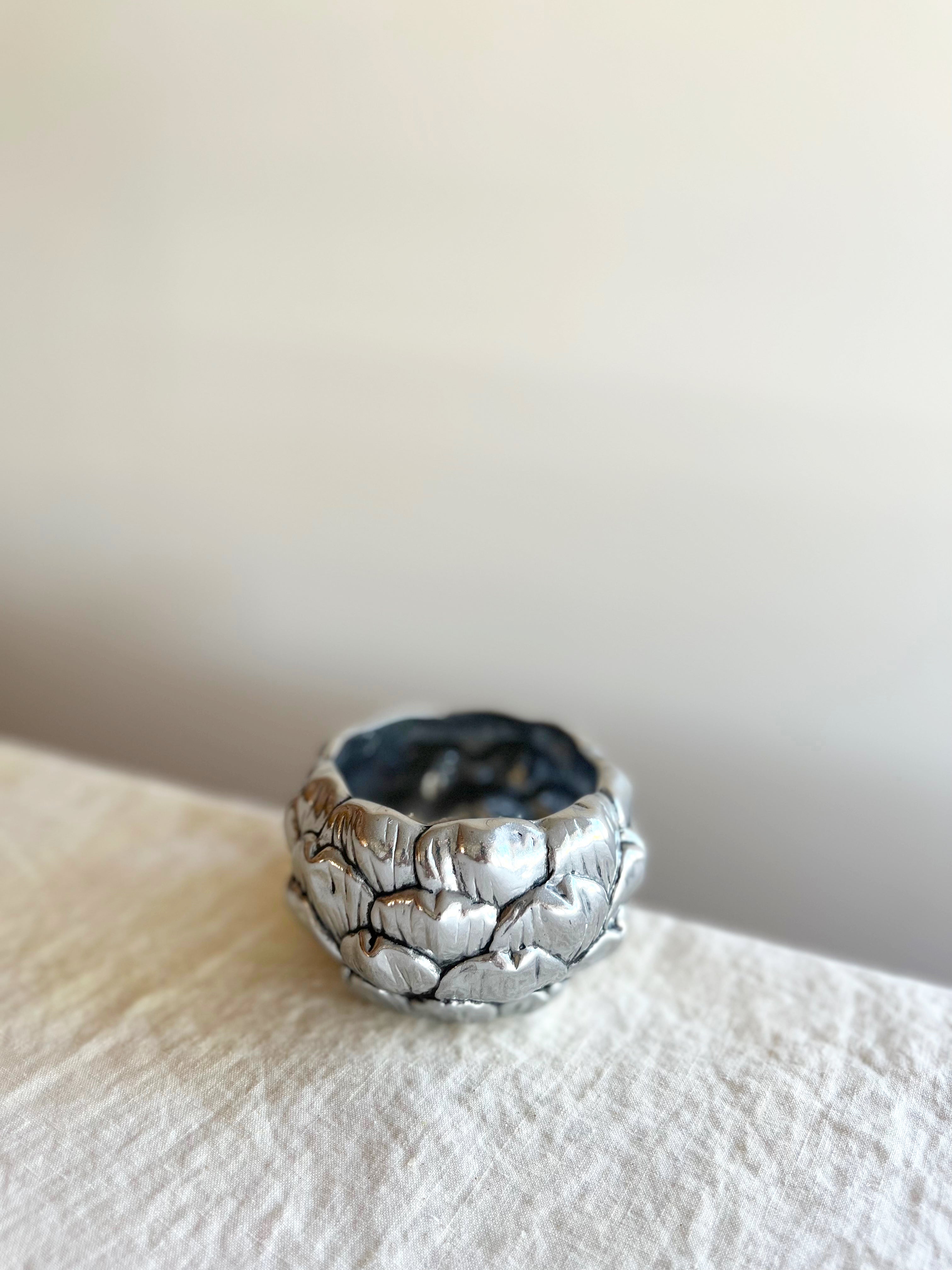 small pewter artichoke bowl angled view