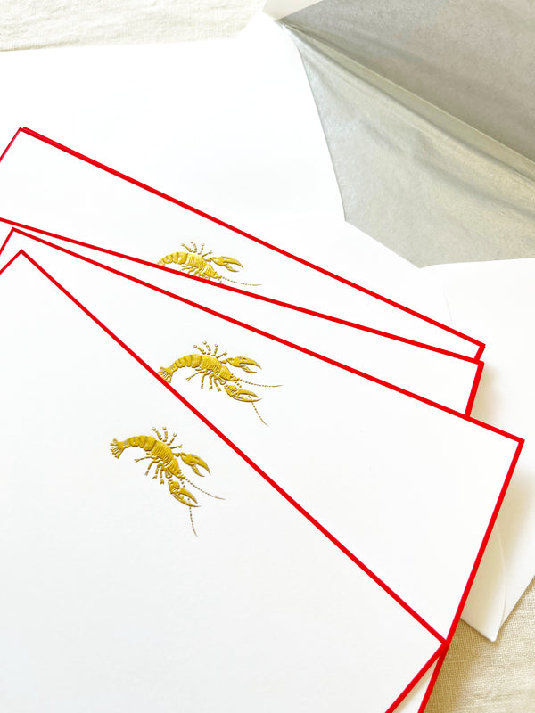 The Printery Lobby Lobster Note Cards white with gold lobster and red edge 6.25 by 4.5 inches with gray lined envelope